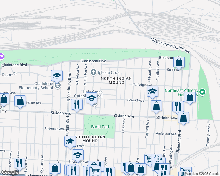 map of restaurants, bars, coffee shops, grocery stores, and more near 5232 Lyon Avenue in Kansas City