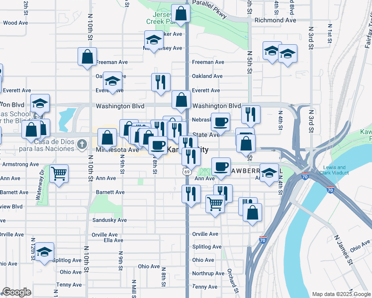 map of restaurants, bars, coffee shops, grocery stores, and more near in Kansas City