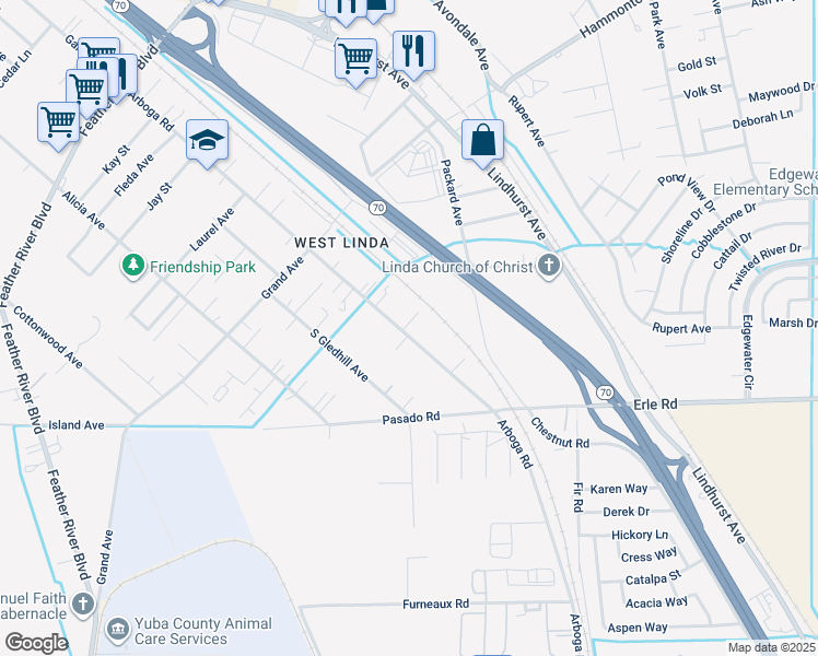 map of restaurants, bars, coffee shops, grocery stores, and more near 5575 Arboga Road in Olivehurst