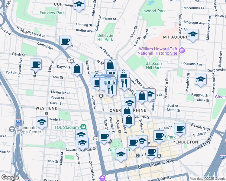 map of restaurants, bars, coffee shops, grocery stores, and more near 19 West Elder Street in Cincinnati