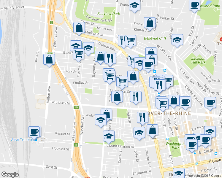 map of restaurants, bars, coffee shops, grocery stores, and more near 528 Livingston Street in Cincinnati