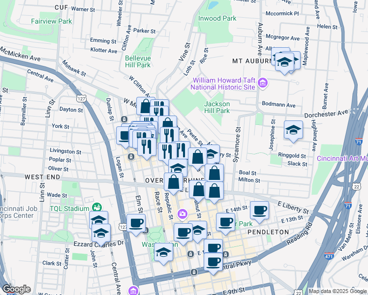 map of restaurants, bars, coffee shops, grocery stores, and more near 139 East Clifton Avenue in Cincinnati