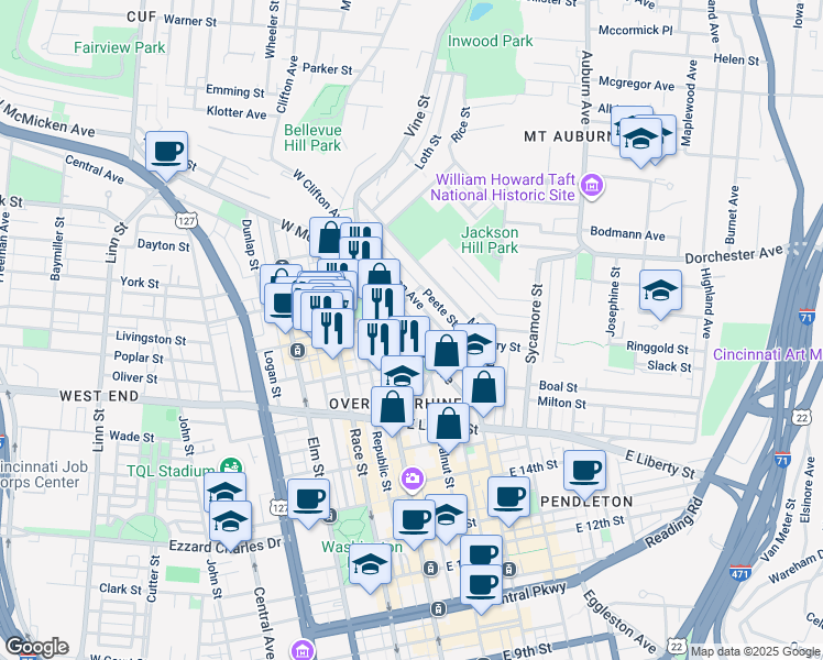 map of restaurants, bars, coffee shops, grocery stores, and more near 1669 Hamer Street in Cincinnati