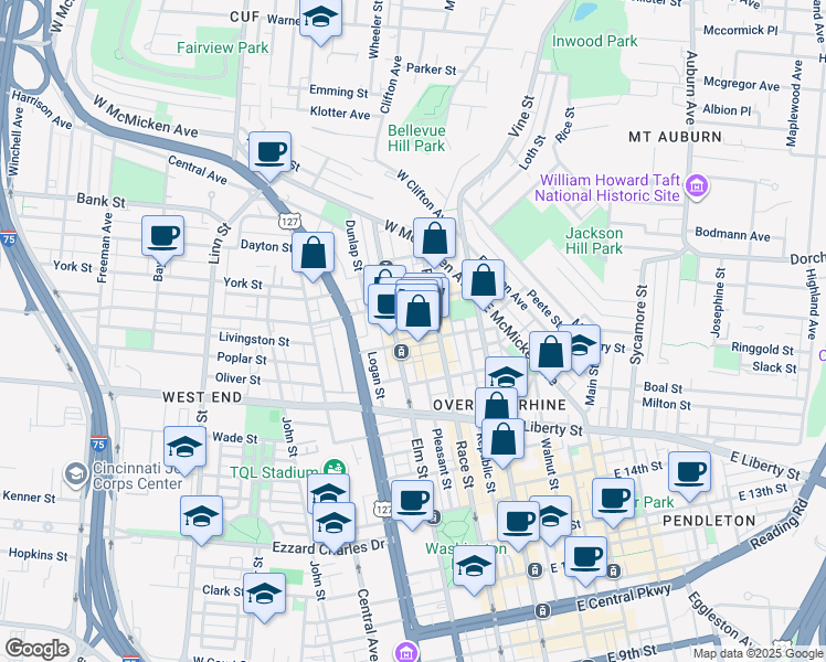 map of restaurants, bars, coffee shops, grocery stores, and more near 116 West Elder Street in Cincinnati