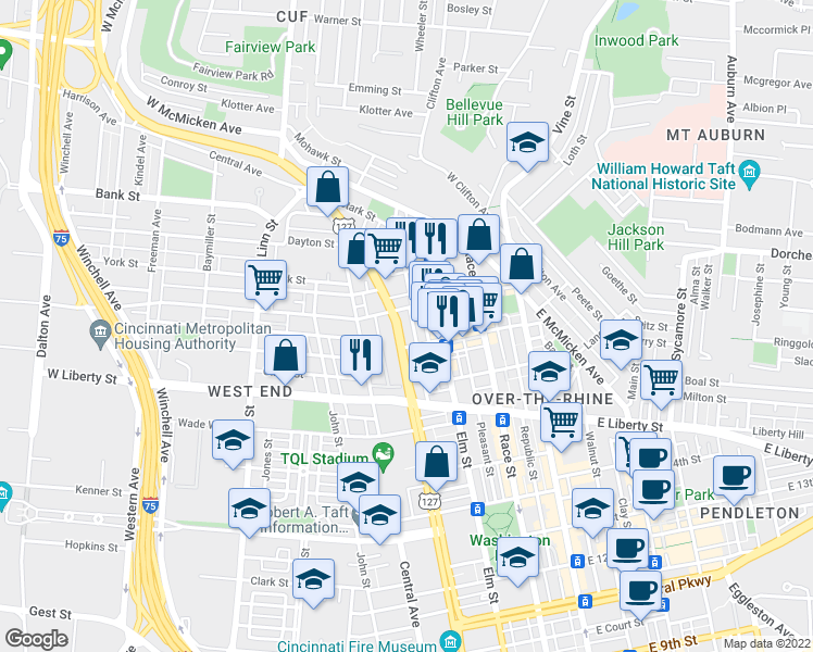 map of restaurants, bars, coffee shops, grocery stores, and more near 1667 Central Parkway in Cincinnati