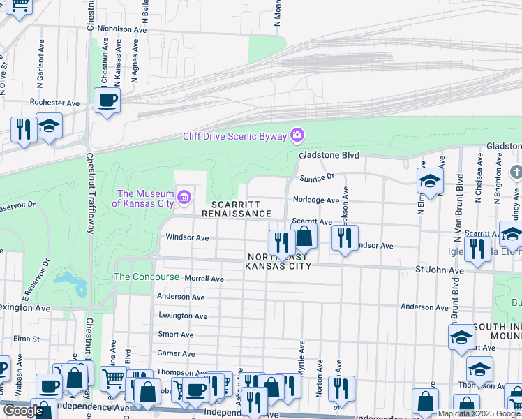 map of restaurants, bars, coffee shops, grocery stores, and more near 3620 Gladstone Boulevard in Kansas City