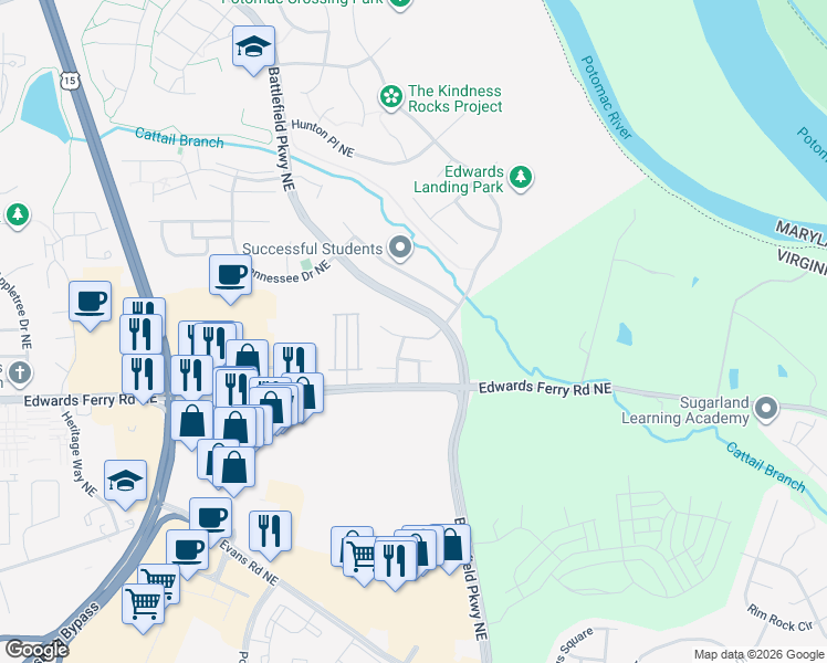 map of restaurants, bars, coffee shops, grocery stores, and more near 1518 Artillery Terrace Northeast in Leesburg