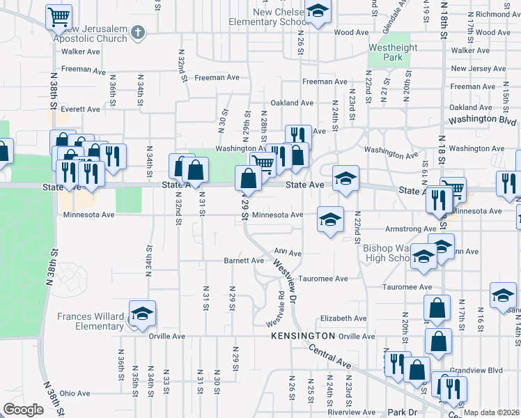 map of restaurants, bars, coffee shops, grocery stores, and more near 2648 Minnesota Avenue in Kansas City