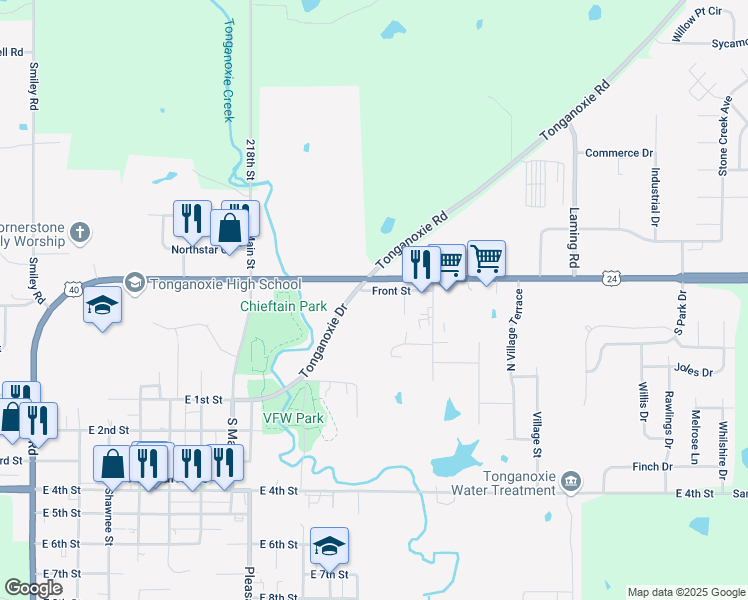 map of restaurants, bars, coffee shops, grocery stores, and more near 1014 Front Street in Tonganoxie
