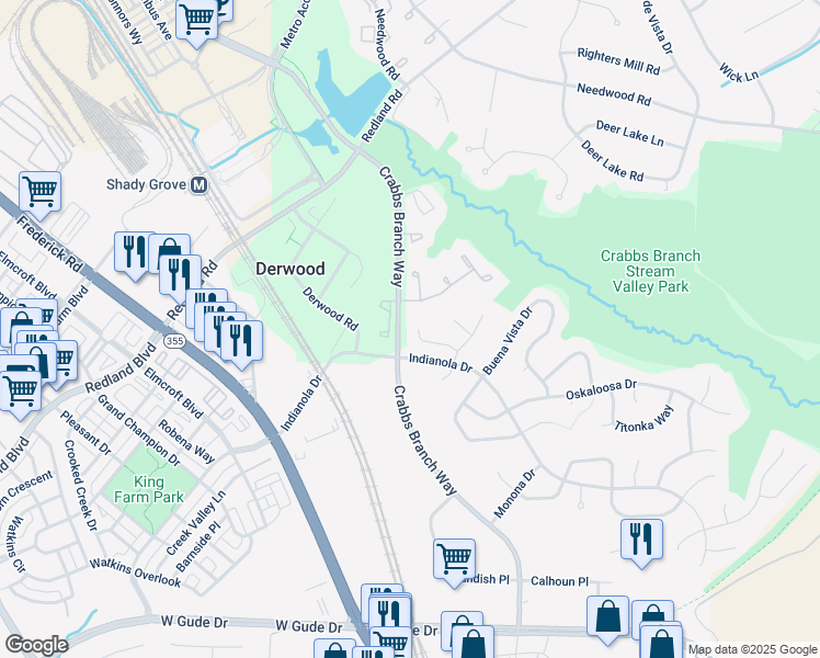 map of restaurants, bars, coffee shops, grocery stores, and more near 7628 Anamosa Way in Derwood