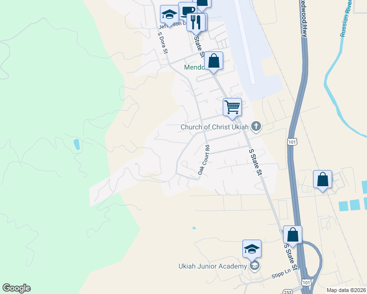 map of restaurants, bars, coffee shops, grocery stores, and more near 312 Oak Knoll Rd in Ukiah