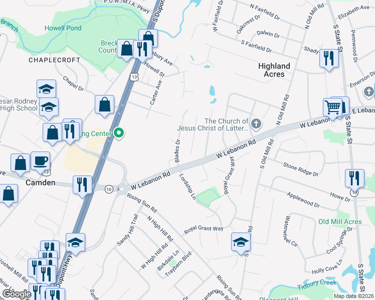 map of restaurants, bars, coffee shops, grocery stores, and more near 28 South Springview Drive in Dover