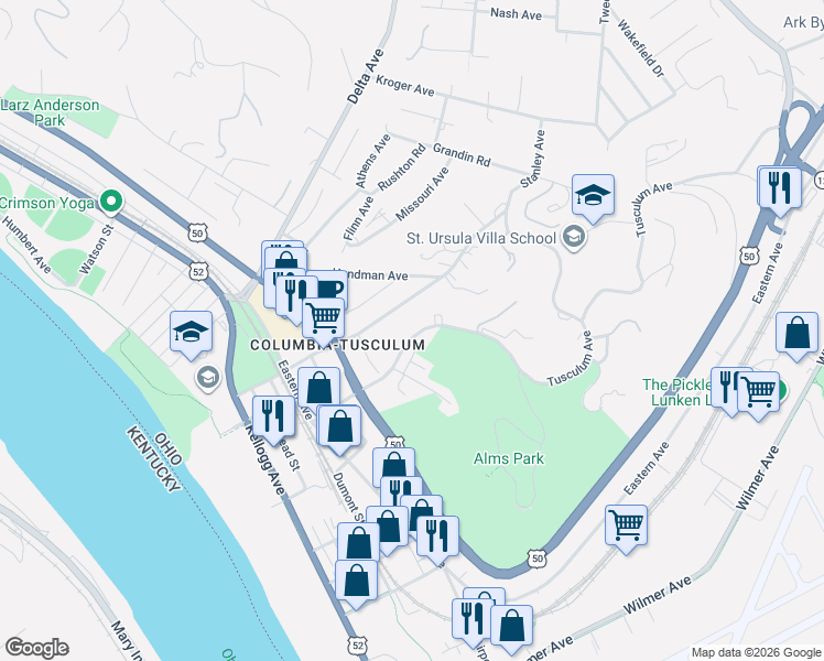 map of restaurants, bars, coffee shops, grocery stores, and more near 537 Tusculum Avenue in Cincinnati