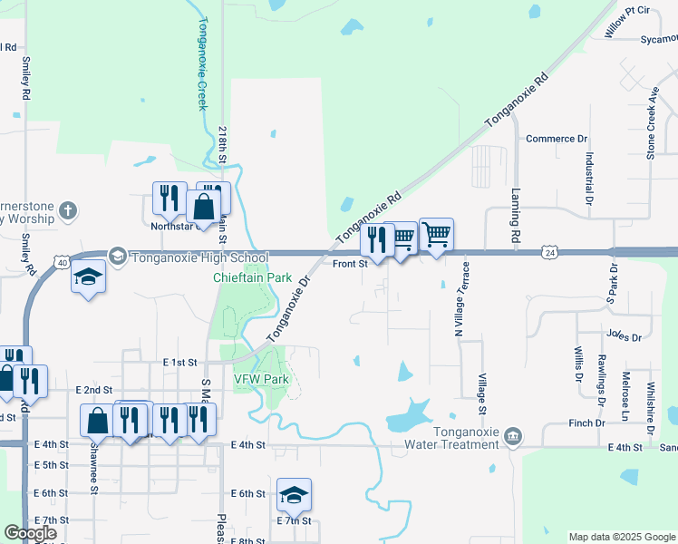 map of restaurants, bars, coffee shops, grocery stores, and more near 1014 Front Street in Tonganoxie
