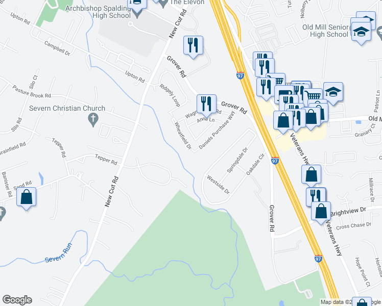 map of restaurants, bars, coffee shops, grocery stores, and more near 1028 Wheatfield Drive in Millersville