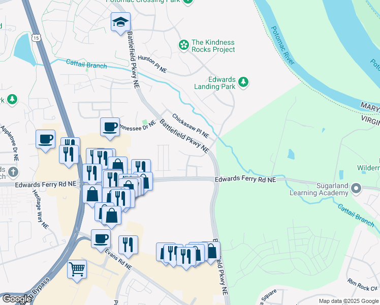 map of restaurants, bars, coffee shops, grocery stores, and more near 1524 Artillery Terrace Northeast in Leesburg