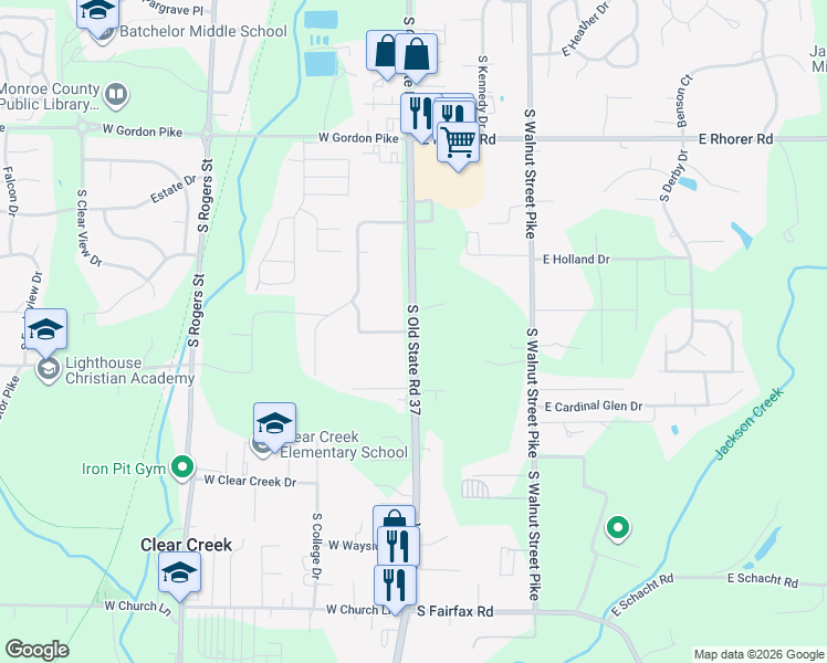 map of restaurants, bars, coffee shops, grocery stores, and more near 4608 South Walnut Street in Monroe County