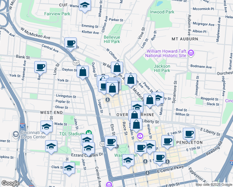 map of restaurants, bars, coffee shops, grocery stores, and more near 100 West Elder Street in Cincinnati
