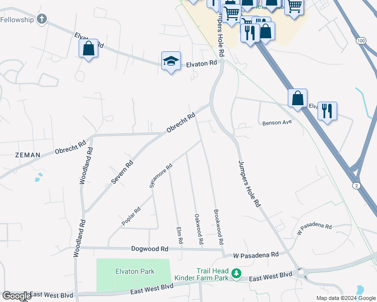 map of restaurants, bars, coffee shops, grocery stores, and more near 8313 Oakwood Road in Millersville