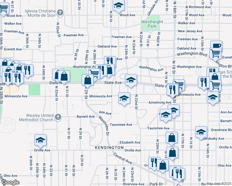 map of restaurants, bars, coffee shops, grocery stores, and more near 2512 Minnesota Avenue in Kansas City