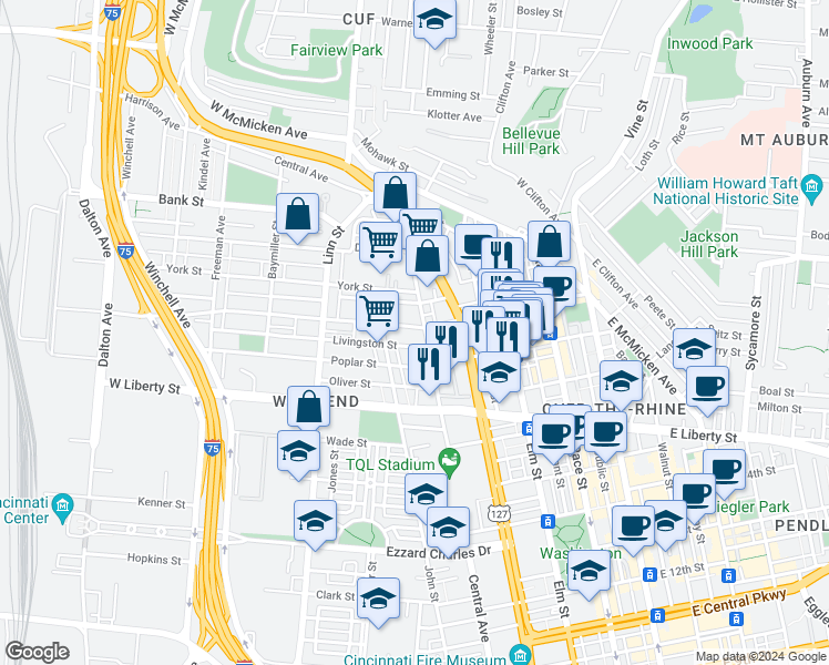 map of restaurants, bars, coffee shops, grocery stores, and more near 409 Findlay Street in Cincinnati