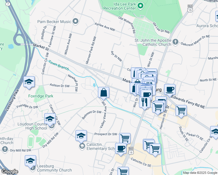 map of restaurants, bars, coffee shops, grocery stores, and more near 241 Loudoun Street Southwest in Leesburg