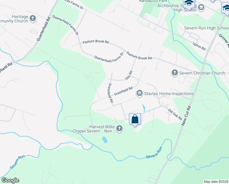 map of restaurants, bars, coffee shops, grocery stores, and more near 8222 Grainfield Road in Severn