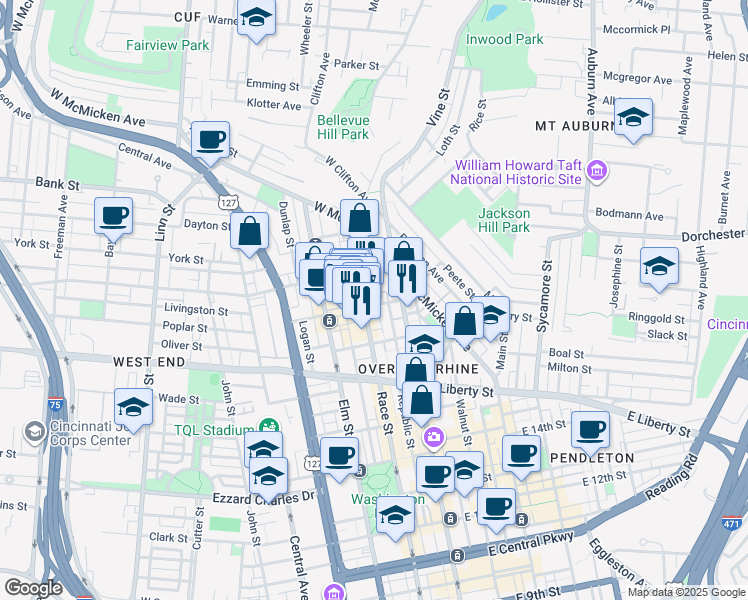 map of restaurants, bars, coffee shops, grocery stores, and more near 26 West Elder Street in Cincinnati