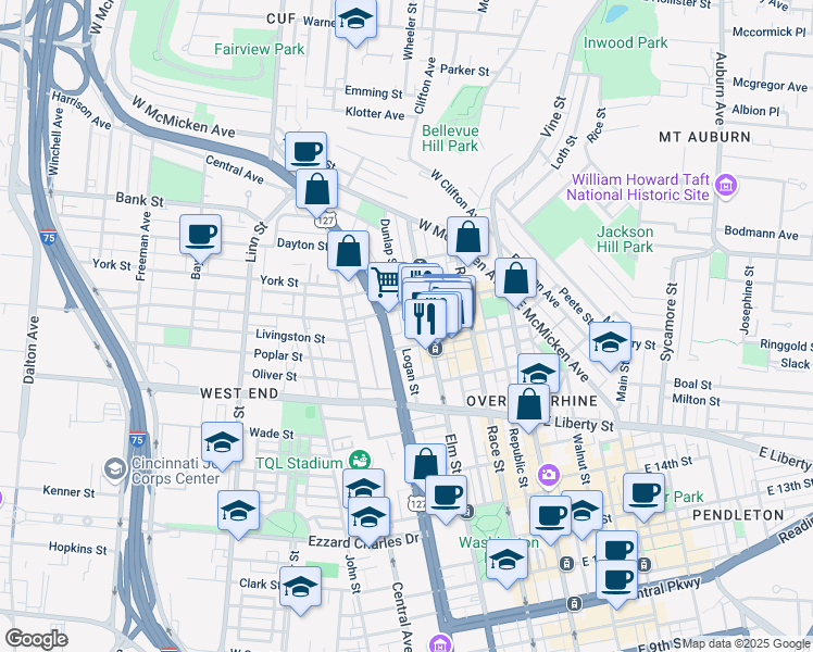 map of restaurants, bars, coffee shops, grocery stores, and more near 1810 Campbell St in Cincinnati