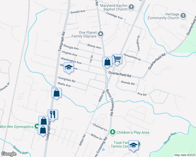 map of restaurants, bars, coffee shops, grocery stores, and more near 1414 Disney Avenue in Severn