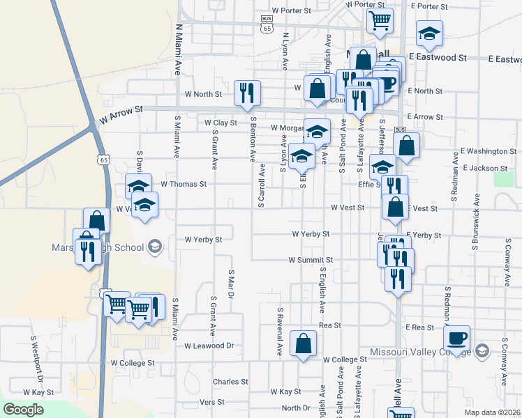 map of restaurants, bars, coffee shops, grocery stores, and more near 588 W Vest St in Marshall