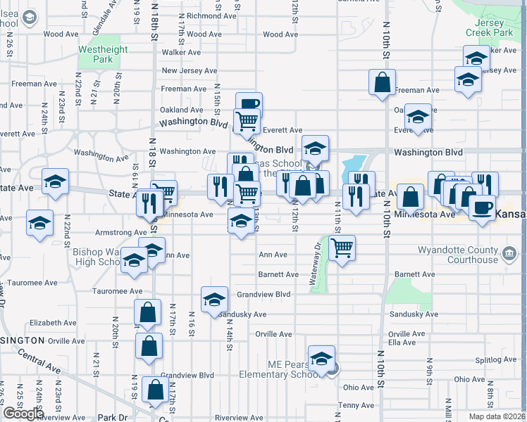 map of restaurants, bars, coffee shops, grocery stores, and more near 1242 Minnesota Avenue in Kansas City