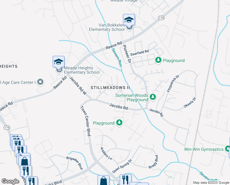 map of restaurants, bars, coffee shops, grocery stores, and more near 8218 Tomlinson Court in Severn