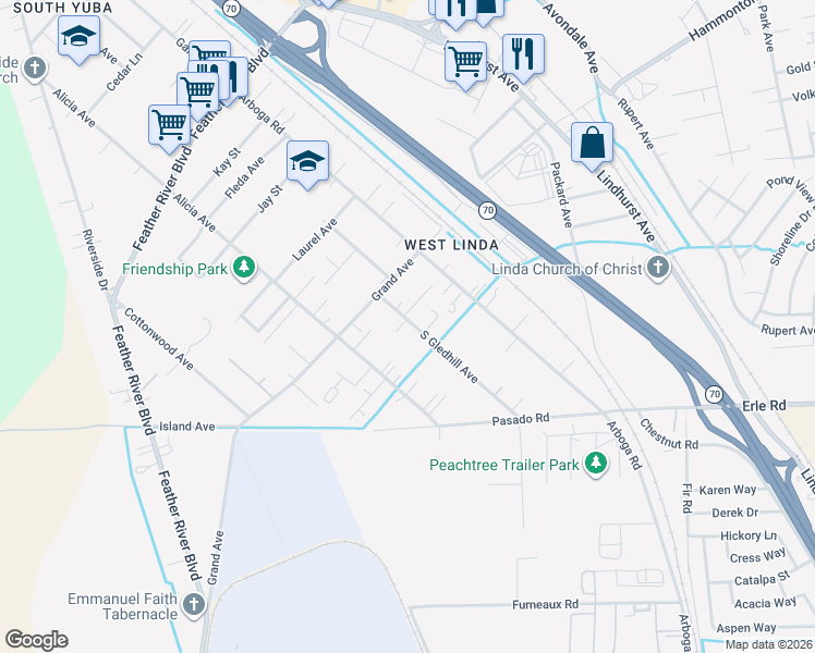 map of restaurants, bars, coffee shops, grocery stores, and more near 5594 South Gledhill Avenue in Olivehurst
