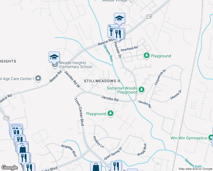 map of restaurants, bars, coffee shops, grocery stores, and more near 8218 Tomlinson Court in Severn