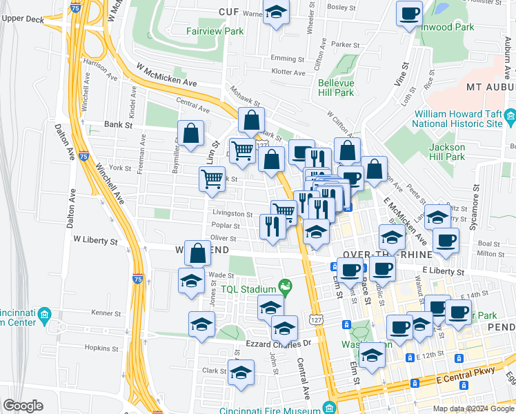 map of restaurants, bars, coffee shops, grocery stores, and more near 1665 Central Avenue in Cincinnati