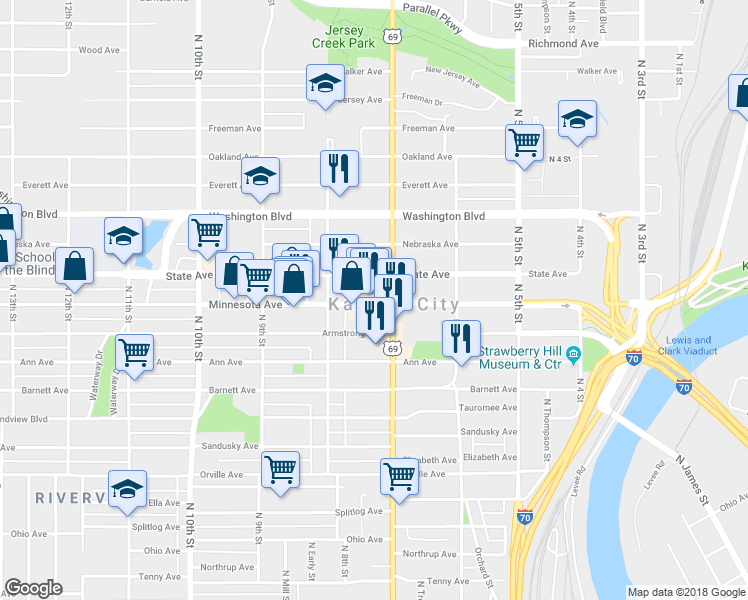 map of restaurants, bars, coffee shops, grocery stores, and more near 714 Minnesota Ave in Kansas City