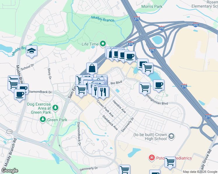 map of restaurants, bars, coffee shops, grocery stores, and more near 9768 Fields Road in Gaithersburg