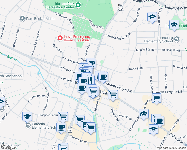 map of restaurants, bars, coffee shops, grocery stores, and more near in Leesburg