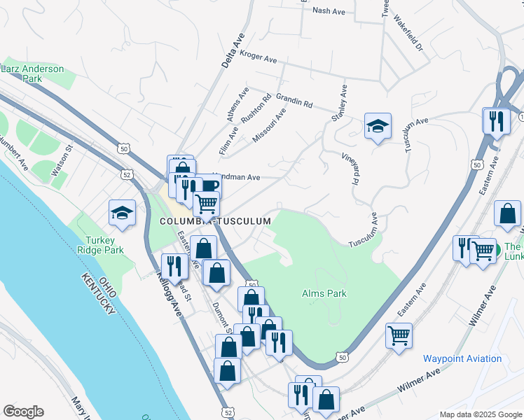 map of restaurants, bars, coffee shops, grocery stores, and more near 531 Tusculum Avenue in Cincinnati
