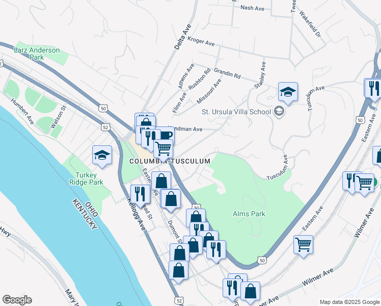 map of restaurants, bars, coffee shops, grocery stores, and more near 422 Stanley Avenue in Cincinnati