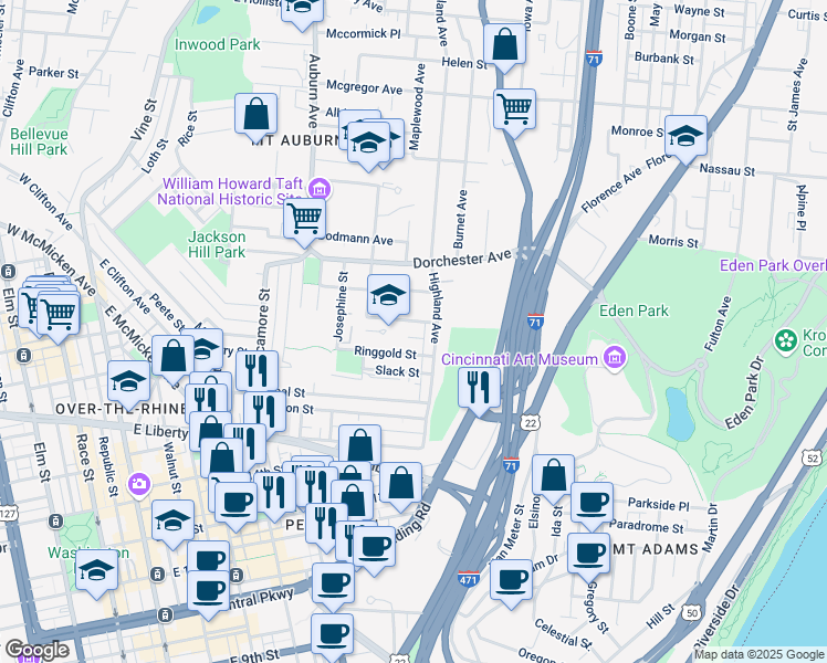 map of restaurants, bars, coffee shops, grocery stores, and more near 1815 Highland Avenue in Cincinnati
