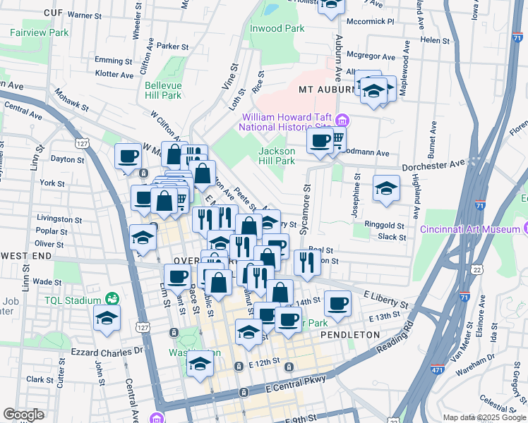 map of restaurants, bars, coffee shops, grocery stores, and more near 206 Peete Street in Cincinnati