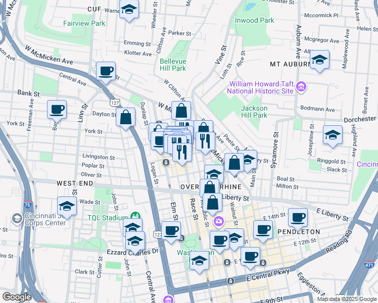map of restaurants, bars, coffee shops, grocery stores, and more near 19 West Elder Street in Cincinnati