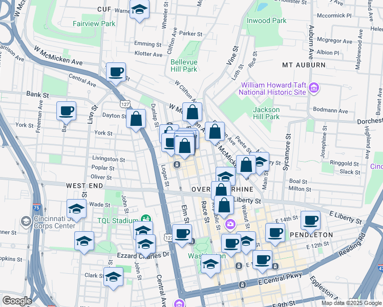 map of restaurants, bars, coffee shops, grocery stores, and more near 116 West Elder Street in Cincinnati
