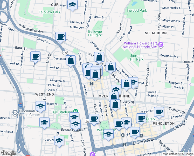 map of restaurants, bars, coffee shops, grocery stores, and more near 116 West Elder Street in Cincinnati