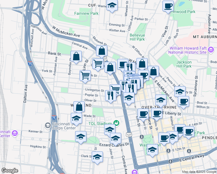 map of restaurants, bars, coffee shops, grocery stores, and more near 1665 Central Avenue in Cincinnati