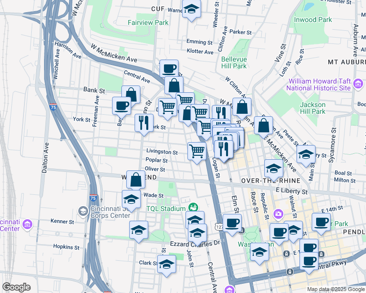 map of restaurants, bars, coffee shops, grocery stores, and more near 1665 Central Avenue in Cincinnati