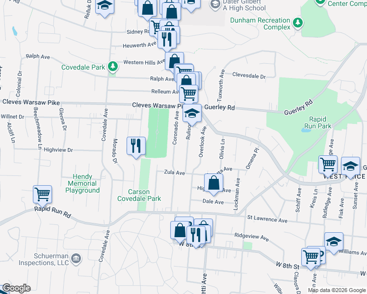 map of restaurants, bars, coffee shops, grocery stores, and more near 1141 Rulison Avenue in Cincinnati