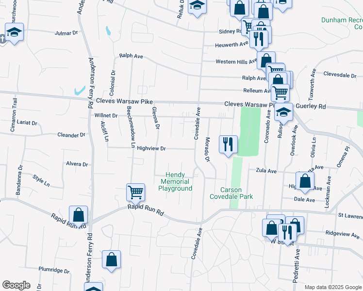 map of restaurants, bars, coffee shops, grocery stores, and more near 5132 Highview Drive in Cincinnati